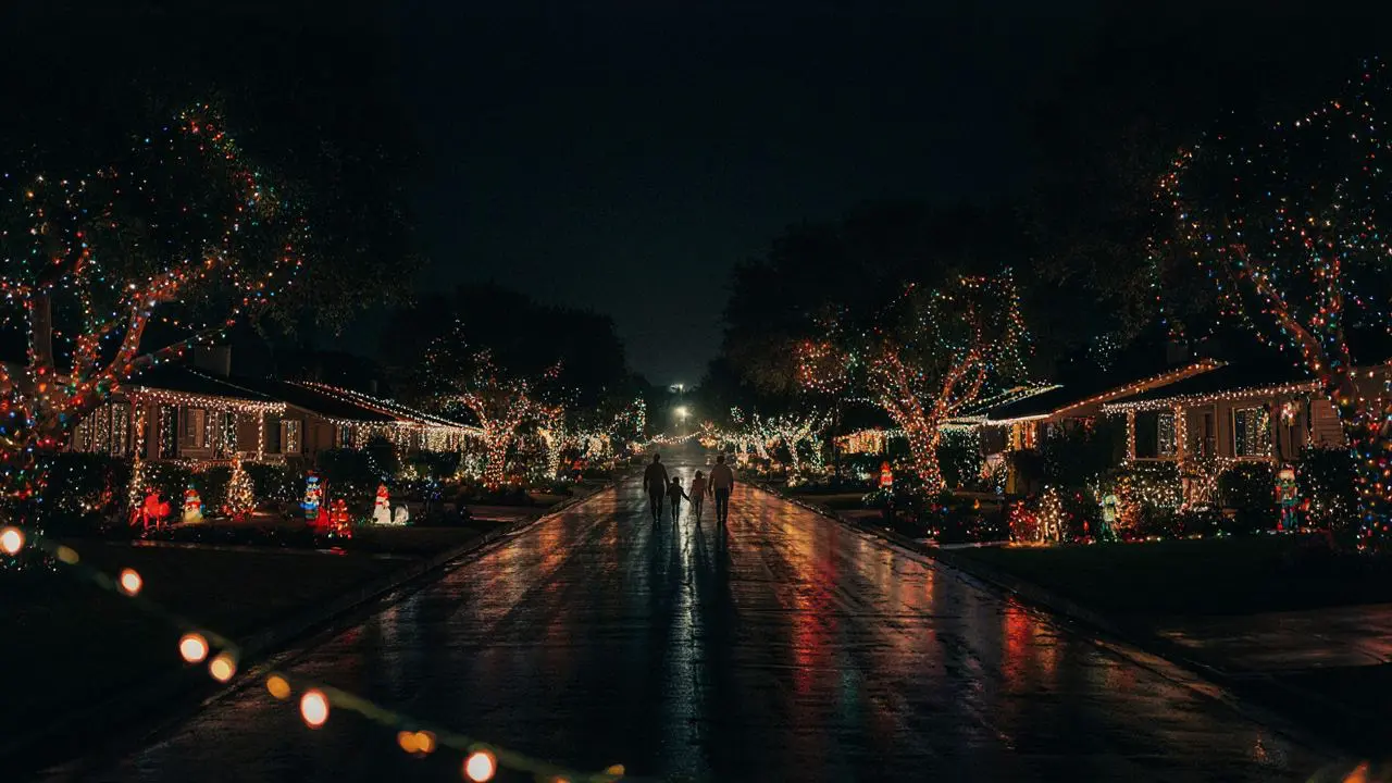 Vacaville’s Best Holiday Lights and Displays Family silhouetted walking down a Vacaville neighborhood street at night lined with thousands of Christmas lights on trees and houses