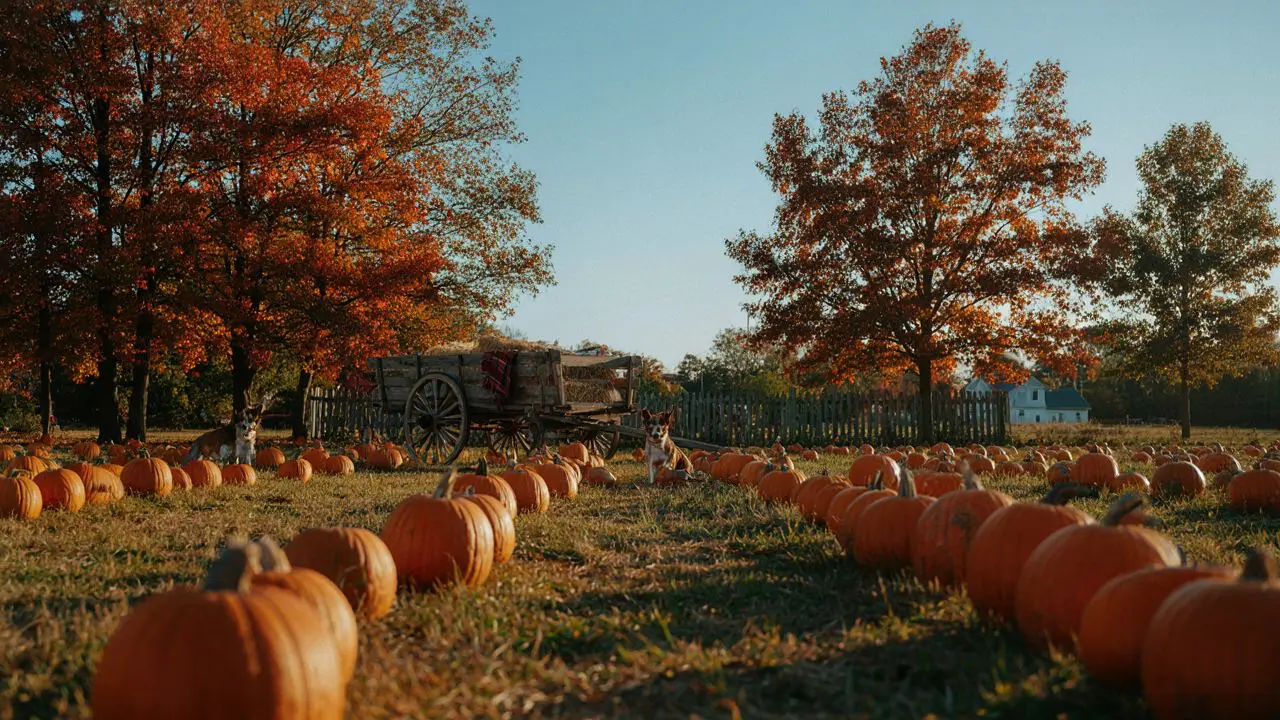 Rows of pumpkins in a fall patch in Vacaville with a hay wagon and autumn trees