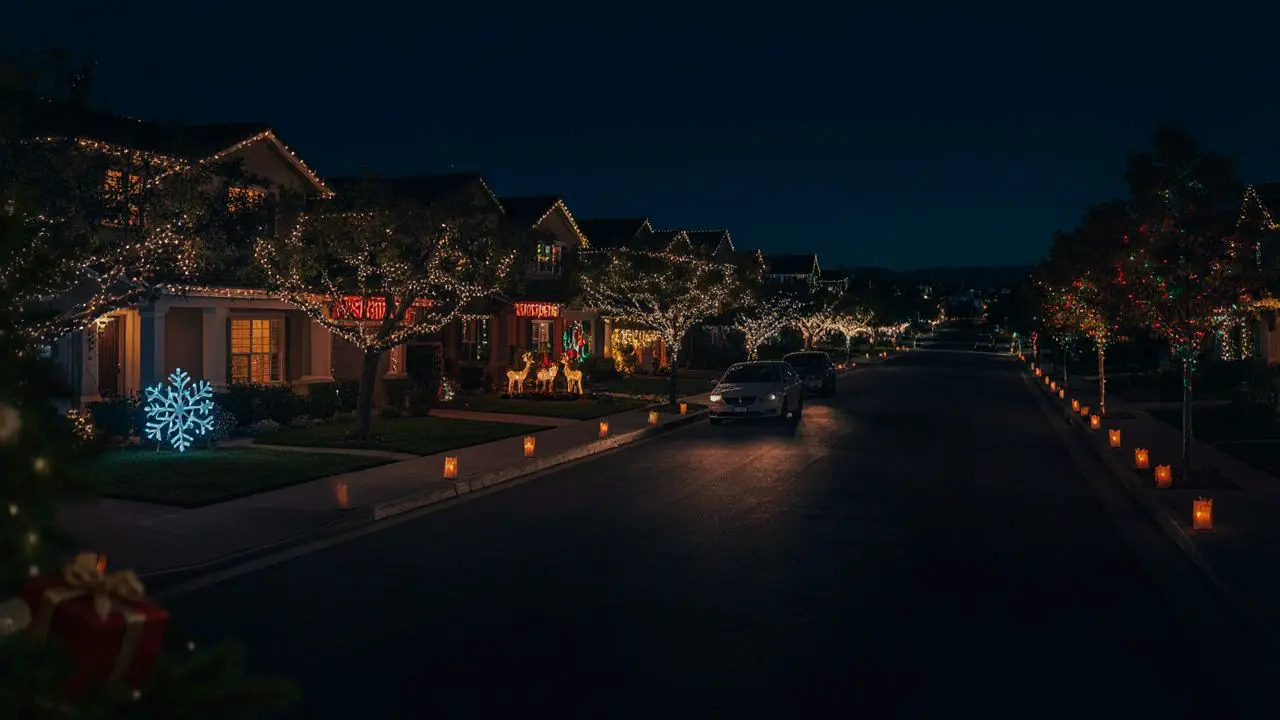North Vacaville Christmas Lights on Elmwood Drive Tree-lined Vacaville neighborhood street at night covered in Christmas lights with luminaries along the curb and a car slowly driving through