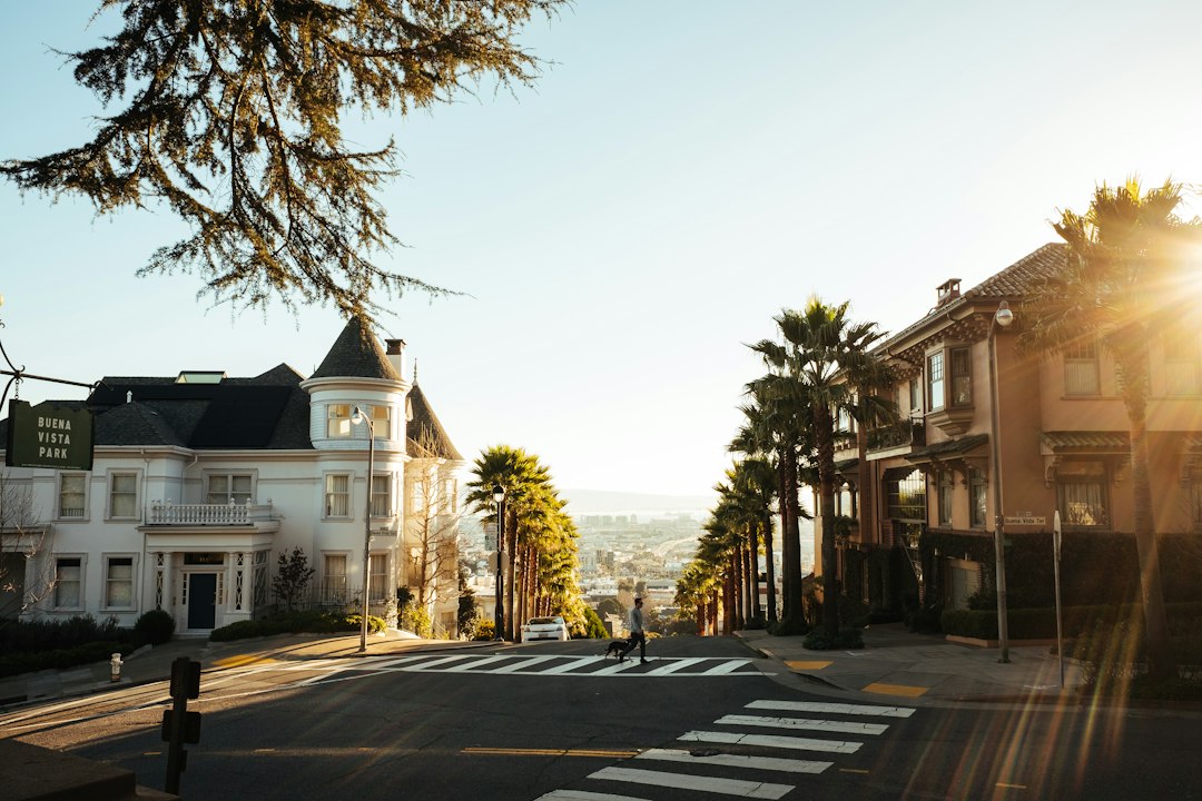 A sunlit street slopes downhill between palm trees and historic houses, with a sign for Buena Vista Park on the left and a person crossing the intersection in the distance. Downtown street near Vacaville bakeries and dessert shops