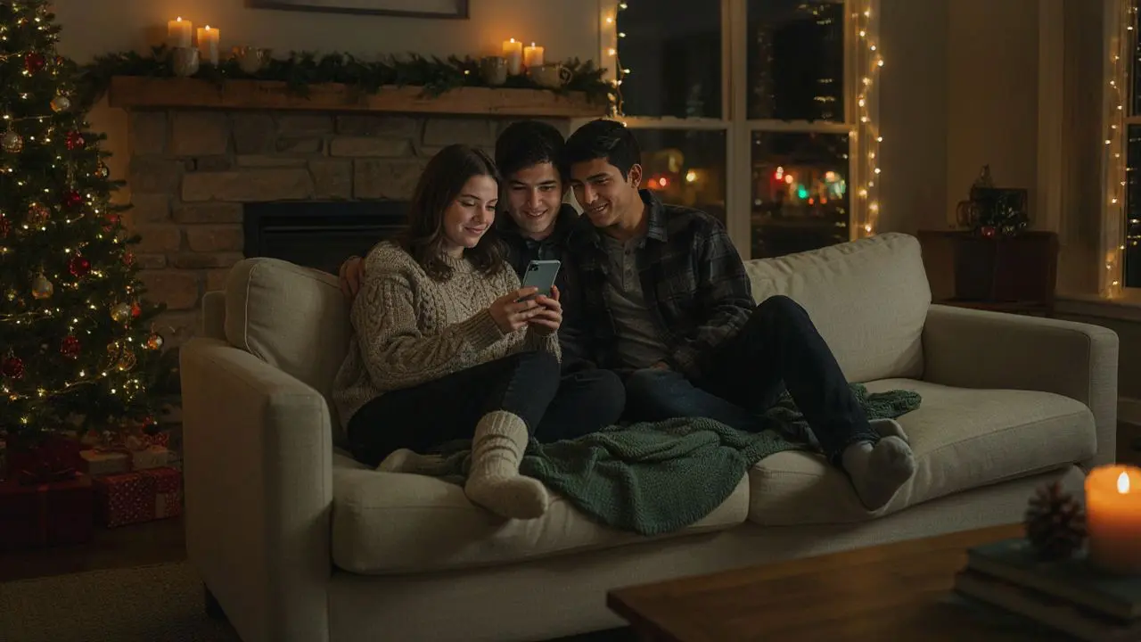 Vacaville Residents Using Social Media to Find Holiday Lights Friends on a couch in a decorated living room browsing a smartphone with a Christmas tree and fireplace in the background