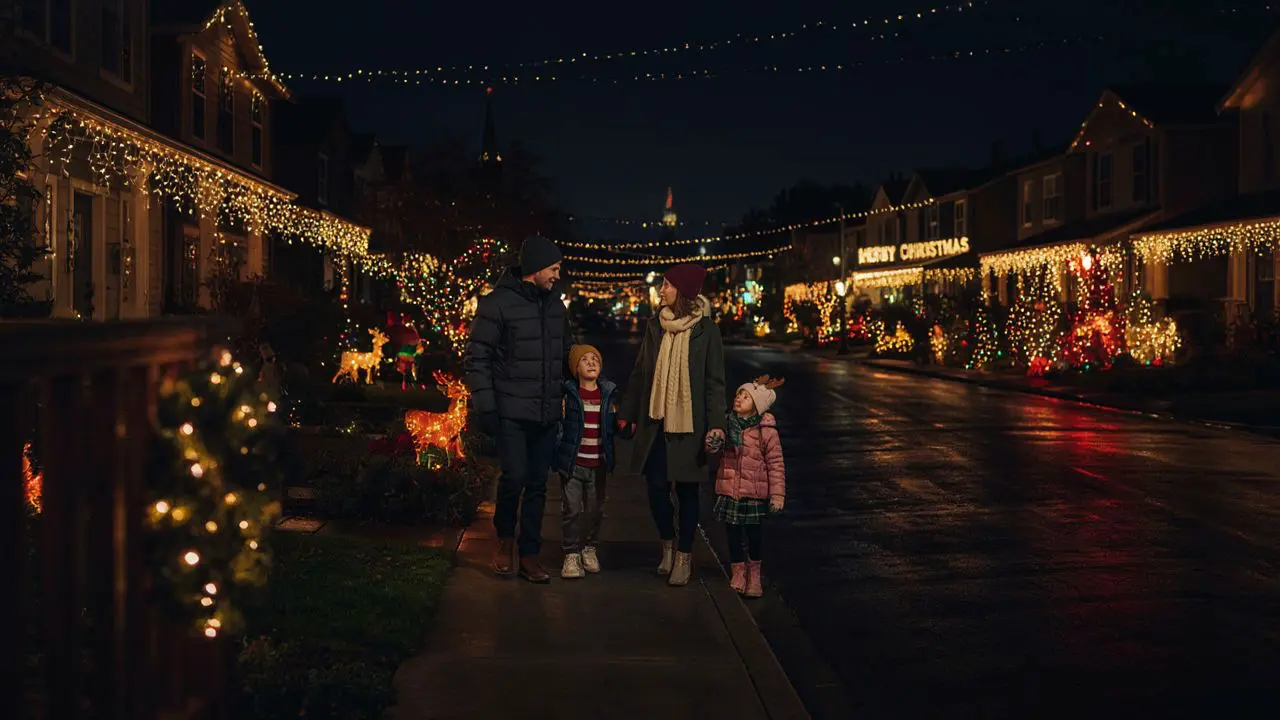 Family Enjoying Vacaville's Holiday Lights on a Christmas Evening Family of four in winter jackets and beanies walking along a brightly decorated Vacaville street at night admiring Christmas light displays