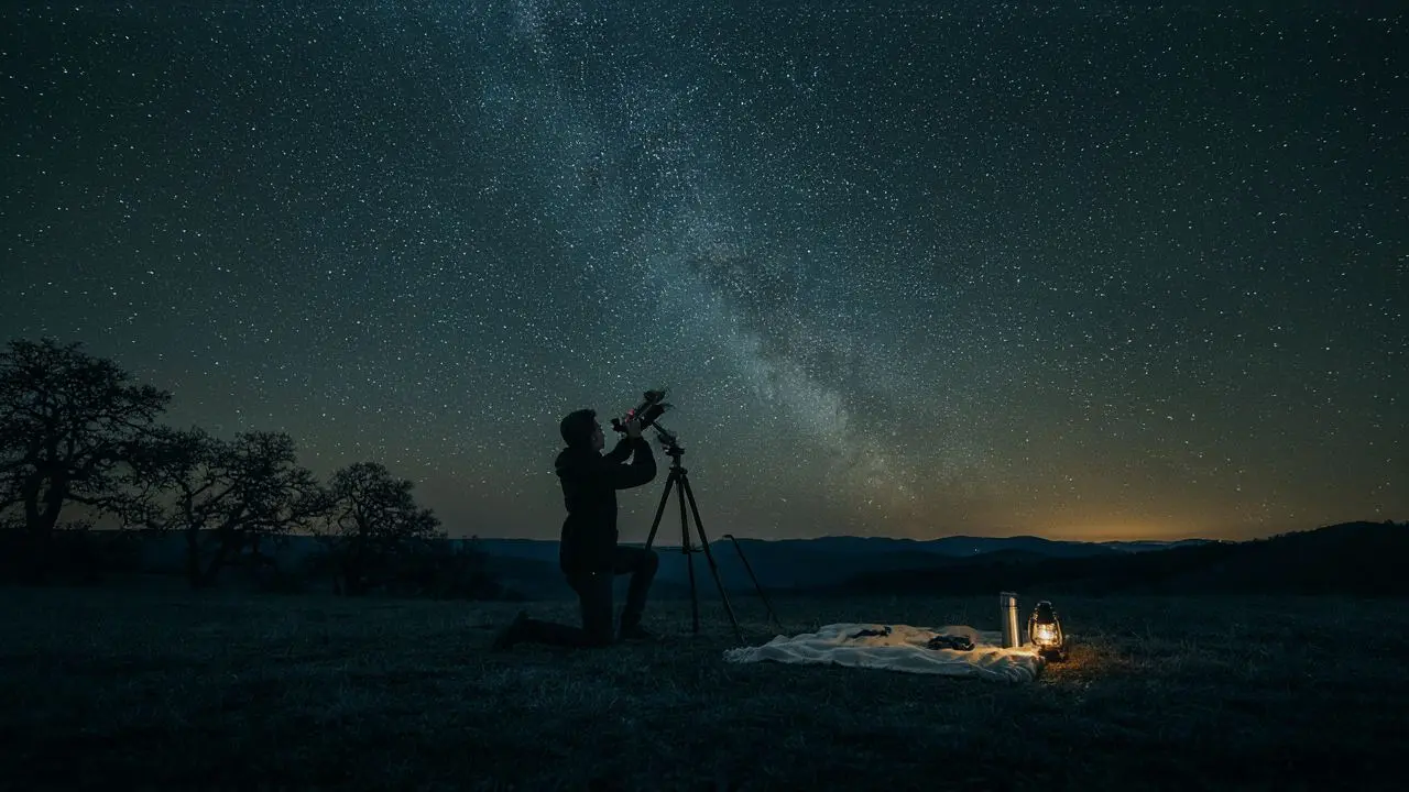A person stargazing with a telescope under the Milky Way near Vacaville in fall