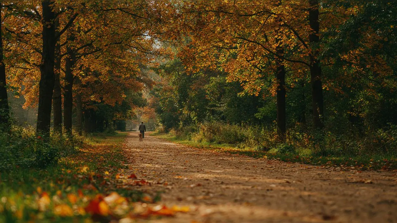 A shaded walking trail with fall foliage, part of Vacaville's outdoor trails in autumn