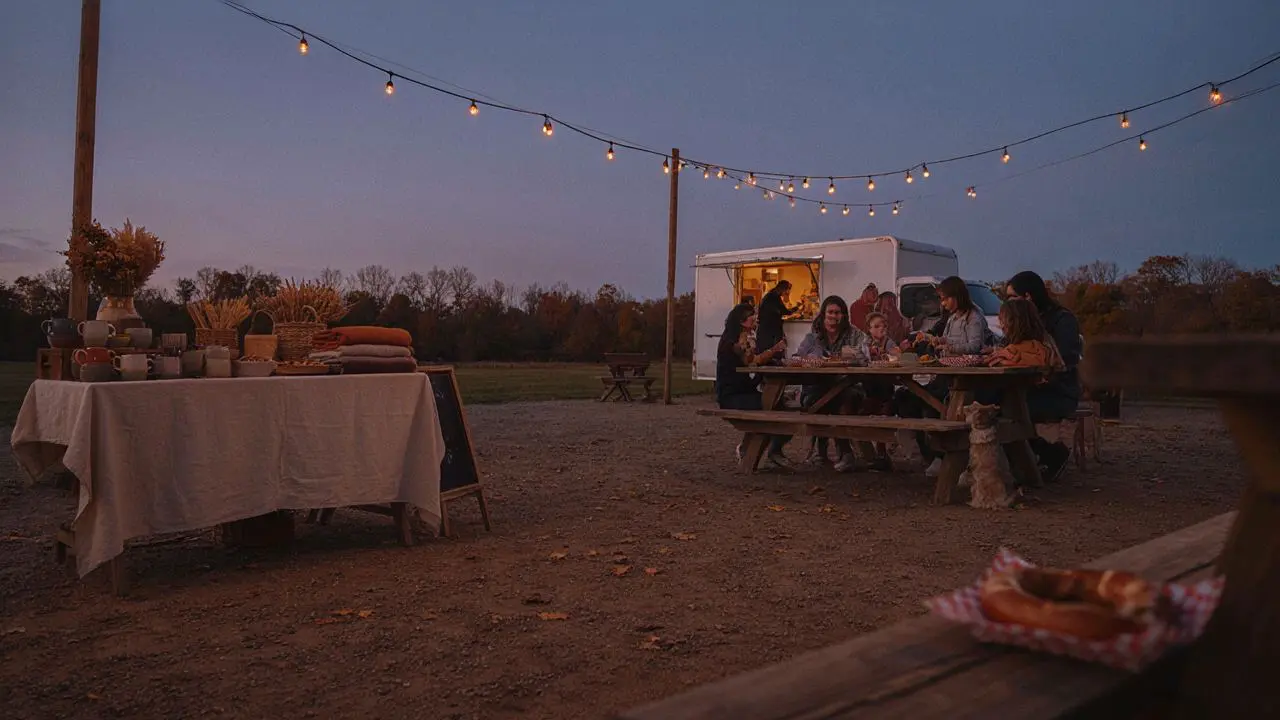 A fall festival gathering with a food truck and string lights in Vacaville