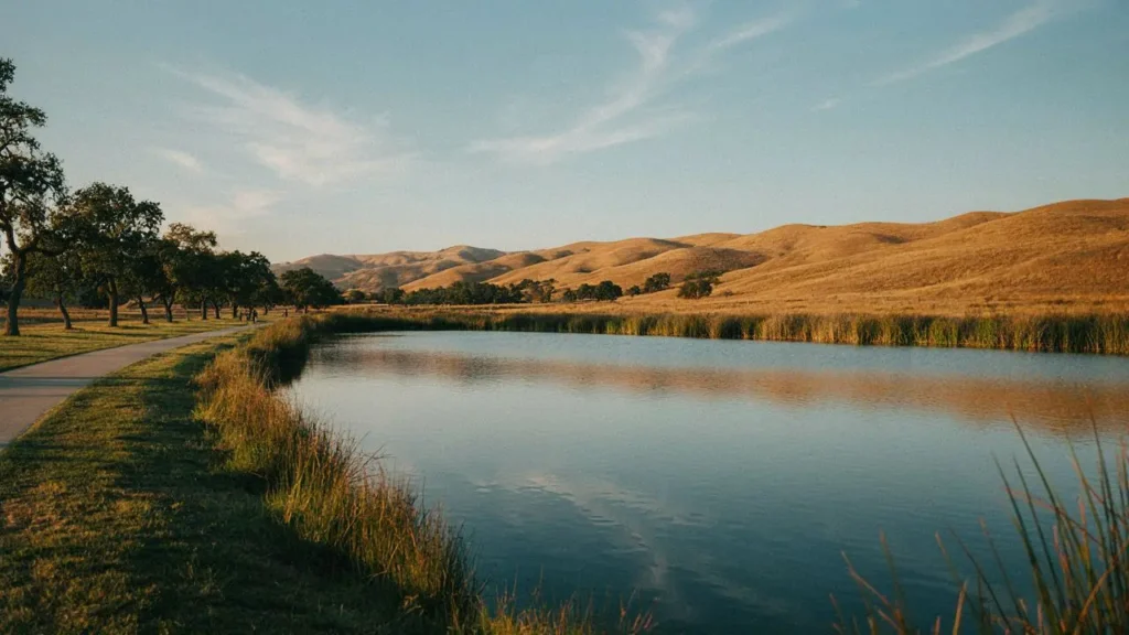 Lagoon Valley Park Vacaville lagoon and walking path at golden hour