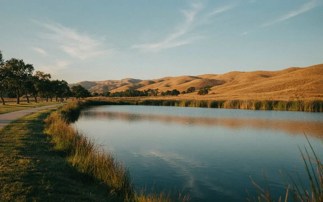 Lagoon Valley Park Vacaville lagoon and walking path at golden hour