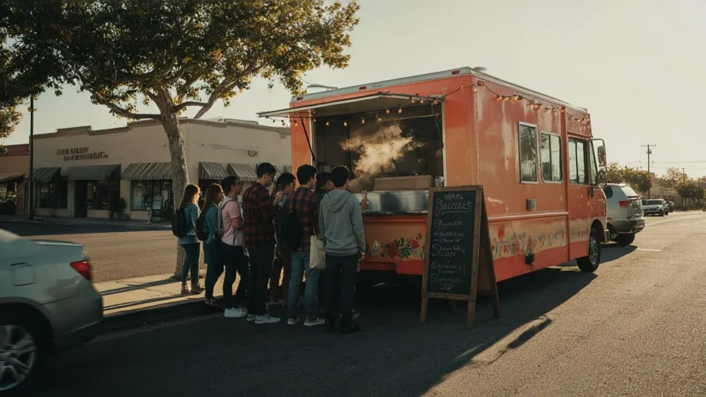 A colorful food truck serving customers on a Vacaville street