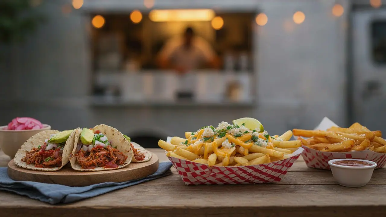 Three tacos with shredded meat and avocado, two trays of fries with herbs and cheese, and a small cup of sauce are on a wooden table outdoors; a blurred food stand appears in the background with string lights. Tacos and loaded fries from a food truck in Vacaville