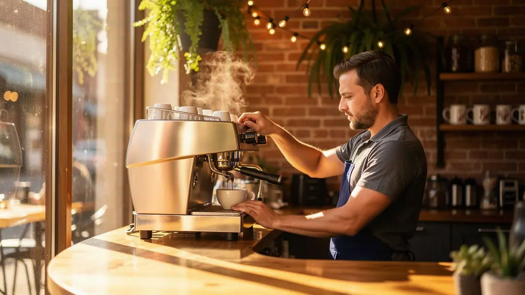 A barista in an apron operates a coffee machine in a cozy, sunlit café with brick walls, mugs on shelves, and hanging plants—reminiscent of the inviting atmosphere found in the coffee shops in downtown Vacaville—while steam rises from a cup of coffee on the counter.