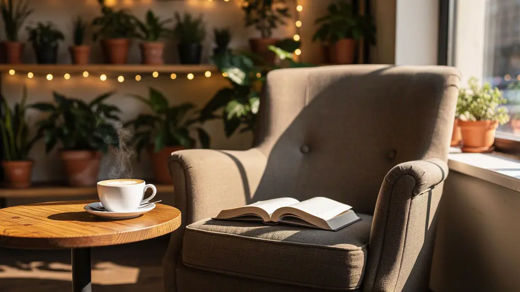 A cozy armchair with an open book rests by a sunny window, next to a small table holding a steaming cup of coffee—reminiscent of the inviting atmosphere found in coffee shops in downtown Vacaville. Potted plants and string lights decorate the warm, welcoming background. A cozy armchair with an open book rests by a sunny window, next to a small table holding a steaming cup of coffee—reminiscent of the inviting atmosphere found in coffee shops in downtown Vacaville. Potted plants and string lights decorate the warm, welcoming background.