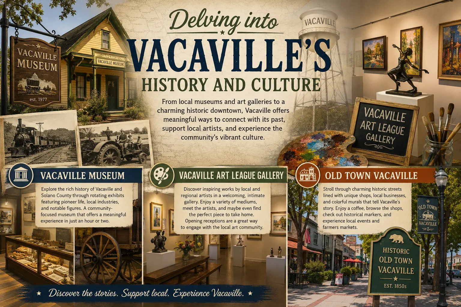 Infographic titled "Delving into Vacaville's History and Culture" featuring three sections on the Vacaville Museum, Vacaville Art League Gallery, and Old Town Vacaville, with photos of a historic yellow museum building, vintage train and tractor photos, an art gallery with paintings and sculptures, and a charming historic downtown street lined with shops.