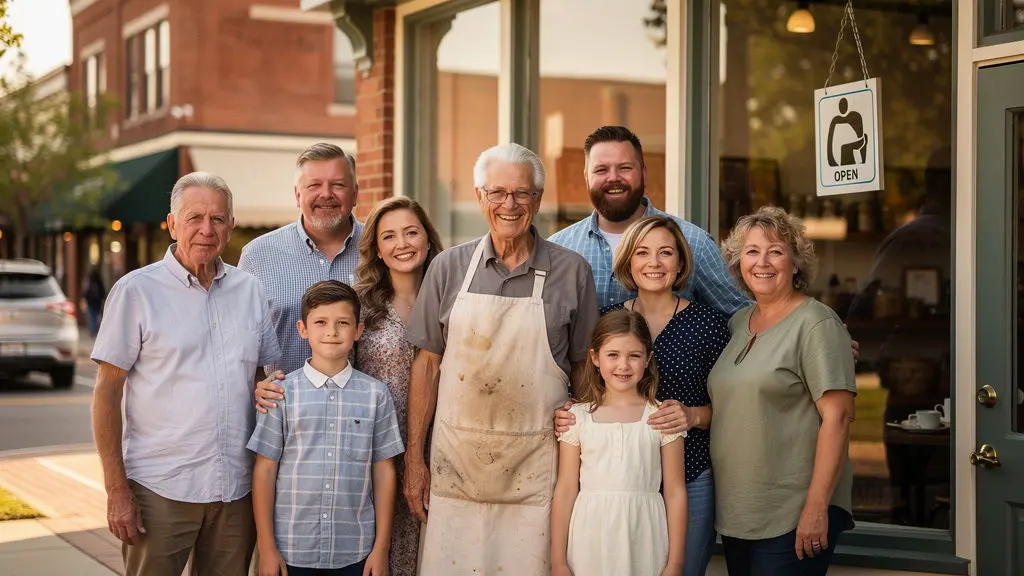 Nine people, including children and adults, smile while standing outside a small shop with an open sign on the door. The central figure wears an apron, suggesting they own or work at the shop—representing one of the many family-owned businesses in Vacaville. It’s a sunny day.
