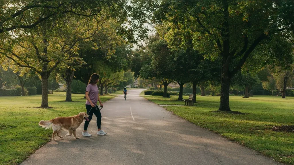 A scenic walking and biking trail in Vacaville lined with shade trees