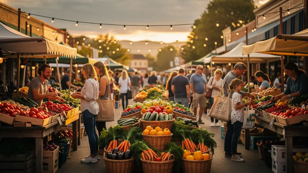 People shop for fresh produce at an outdoor market during sunset, one of the vibrant Vacaville weekend events. Stalls display colorful fruits and vegetables, and string lights hang overhead, creating a lively, communal atmosphere. People shop for fresh produce at an outdoor market during sunset, one of the vibrant Vacaville weekend events. Stalls display colorful fruits and vegetables, and string lights hang overhead, creating a lively, communal atmosphere.