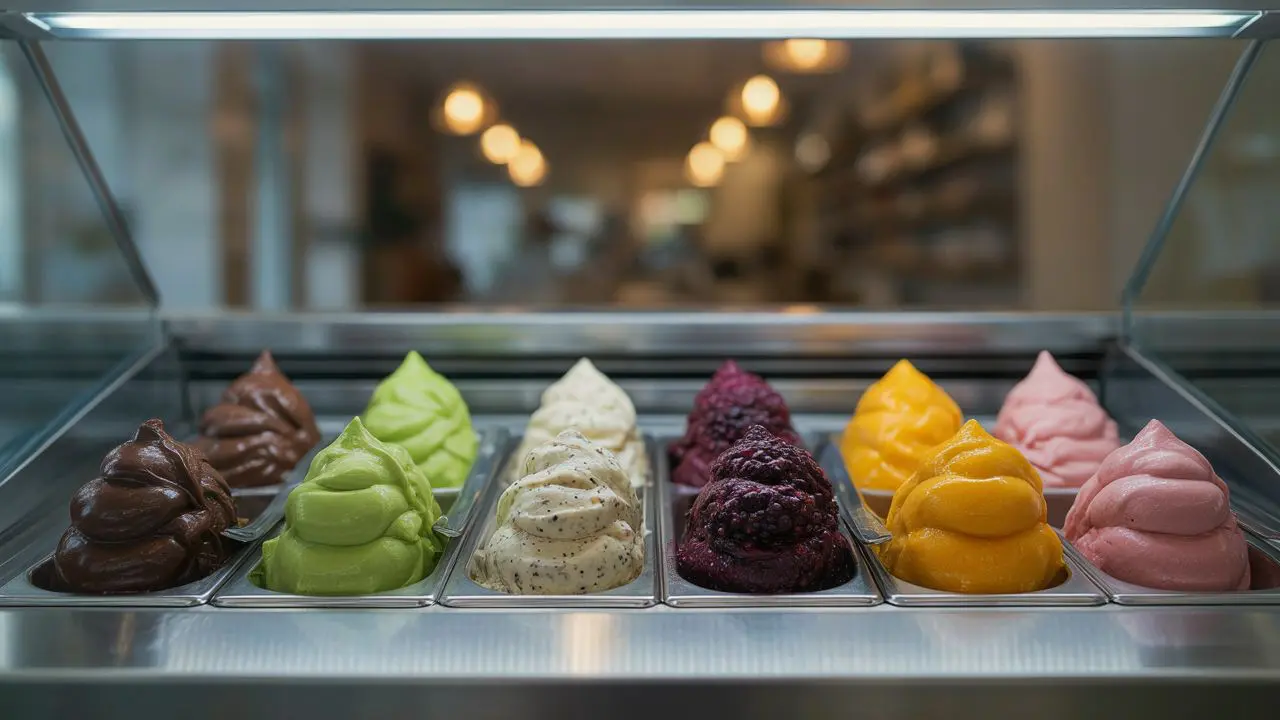 A display case shows eight colorful gelato flavors, including chocolate, green, white with specks, purple, yellow, pink, and more, each in swirled mounds under bright lighting in a shop. A display case shows eight colorful gelato flavors, including chocolate, green, white with specks, purple, yellow, pink, and more, each in swirled mounds under bright lighting in a shop.