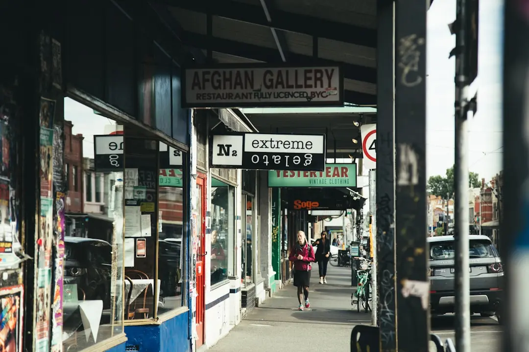 Locally Owned Shops in Vacaville Storefronts along a street with signs for locally owned shops in a walkable shopping district