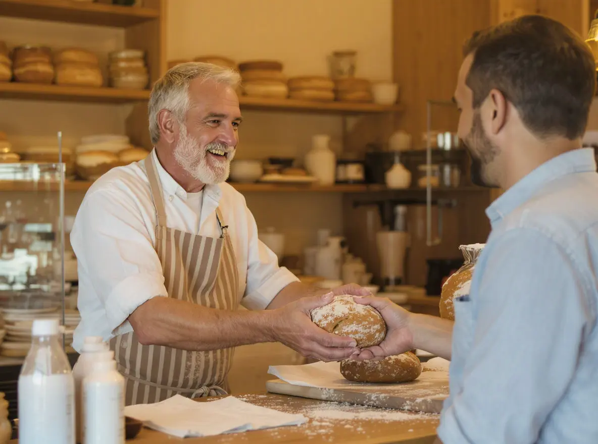 A smiling baker in an apron hands a fresh loaf of bread to a customer in a bakery, with shelves of bread and baking supplies in the background.