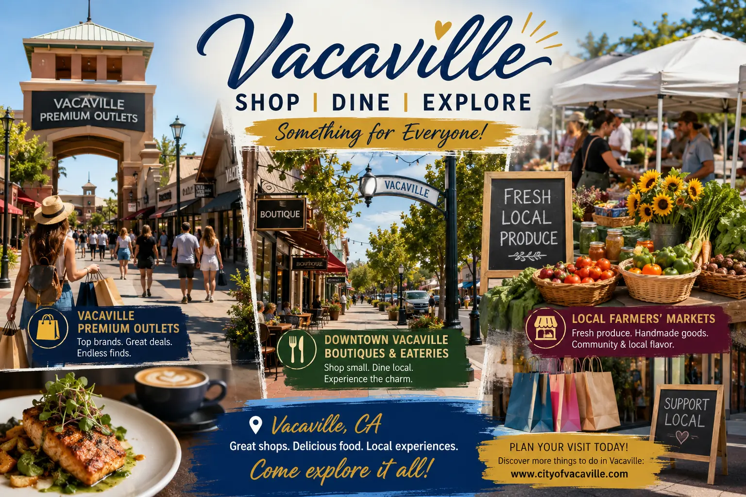 Vacaville "Shop, Dine, Explore" infographic featuring the Vacaville Premium Outlets entrance with shoppers, a tree-lined downtown street with boutiques and outdoor dining, a farmers' market stand with fresh produce and sunflowers, and a plated fish dish with coffee, promoting the tagline "Something for Everyone."