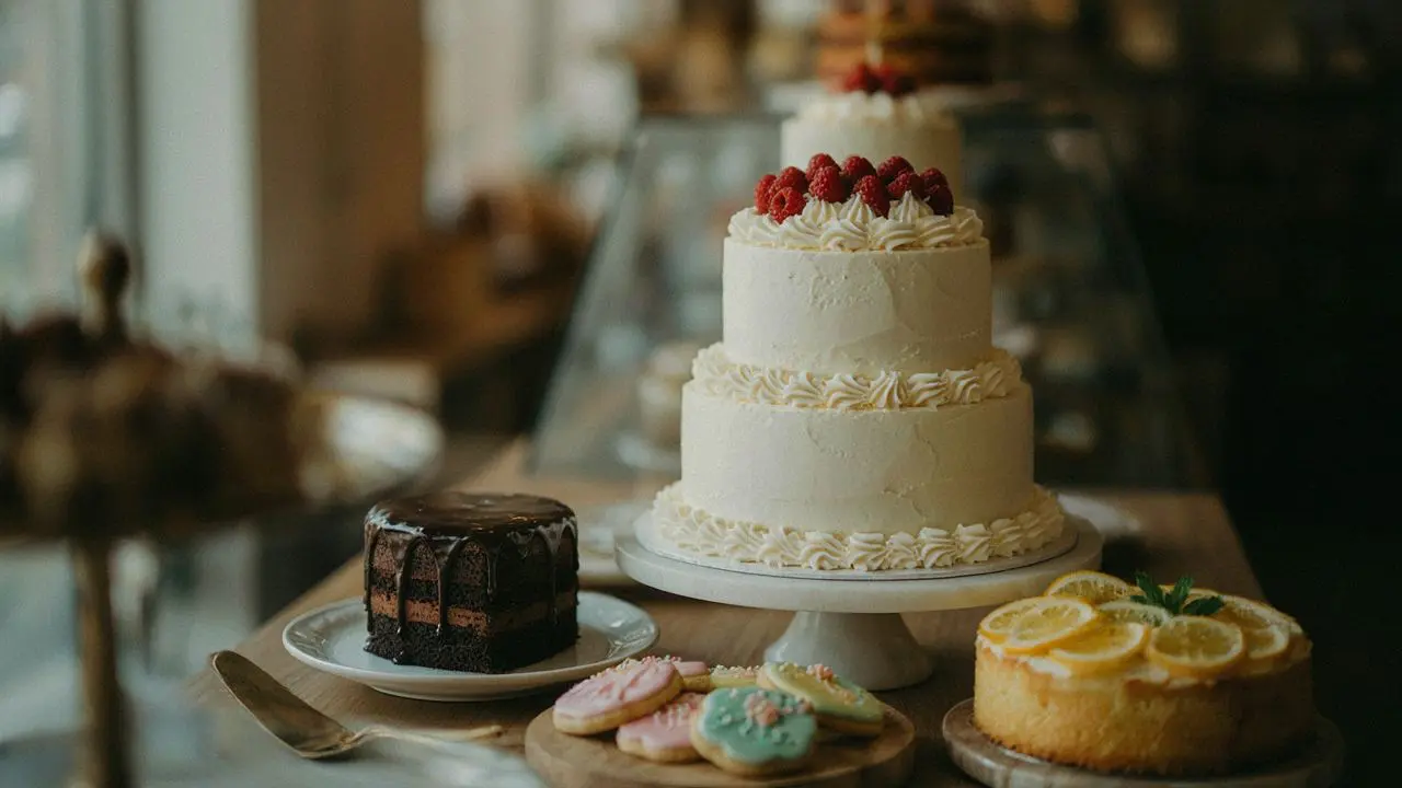 A white two-tier cake with strawberries on top, surrounded by a chocolate cake, lemon cake, and decorated cookies, all displayed on a table in a bakery setting. A white two-tier cake with strawberries on top, surrounded by a chocolate cake, lemon cake, and decorated cookies, all displayed on a table in a bakery setting.