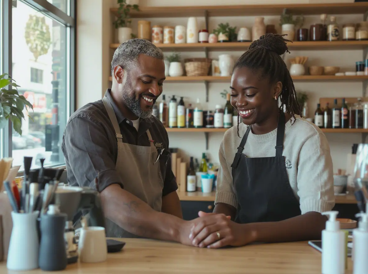 Two people in aprons smile warmly while holding hands across a counter in a cozy cafe with shelves of jars, plants, and bottles behind them.