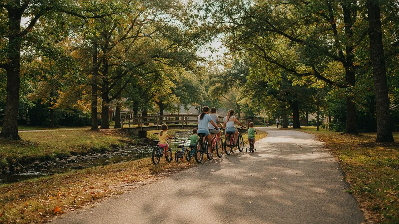 Urban Trails section (Alamo Creek : Ulatis Creek) A family biking along a paved trail in Vacaville