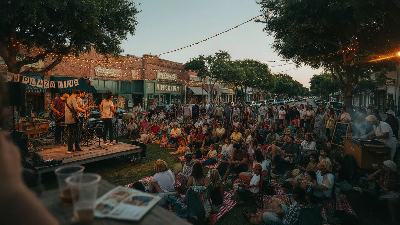 CreekWalk Plaza Live Music — Vacaville Summer Concerts Large crowd seated on picnic blankets watching a live band perform on an outdoor stage along a brick downtown street at dusk in Vacaville