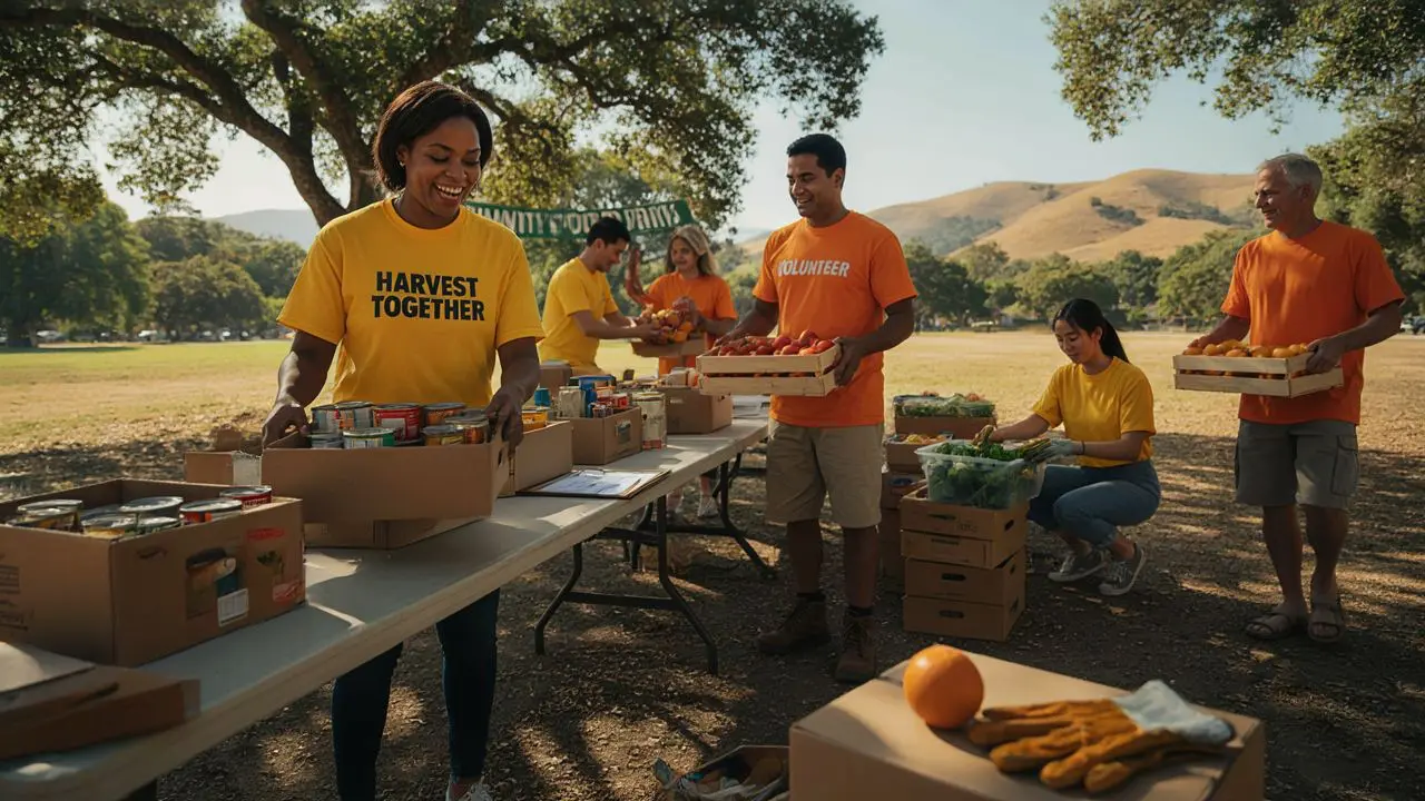 Vacaville Community Volunteers Supporting the Local Food Bank Diverse group of volunteers in yellow and orange shirts sorting food donations outdoors under oak trees in Vacaville, California