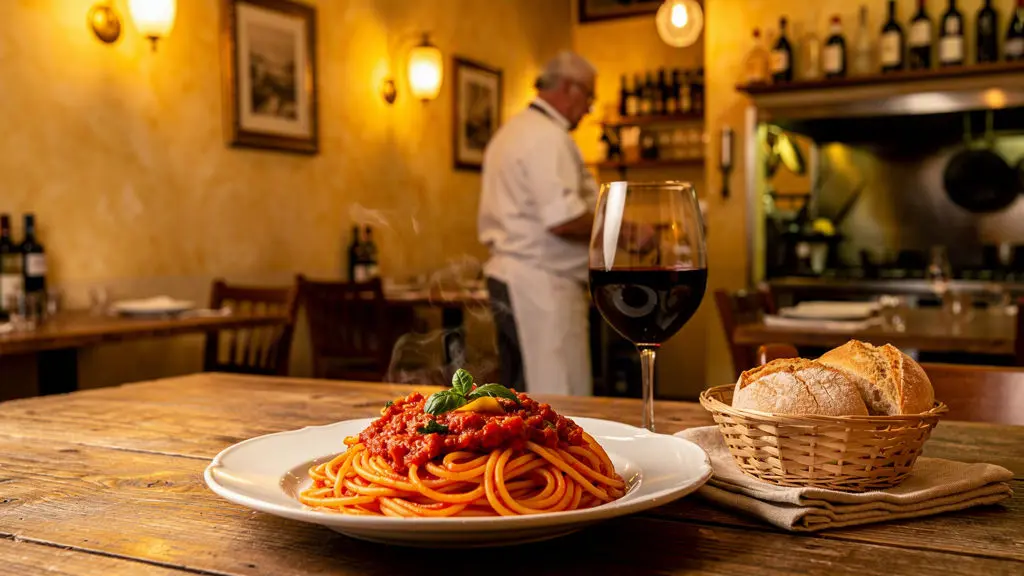 Steaming spaghetti with marinara at a family-owned Italian restaurant in Vacaville, with wine, fresh bread, and a chef working in the background