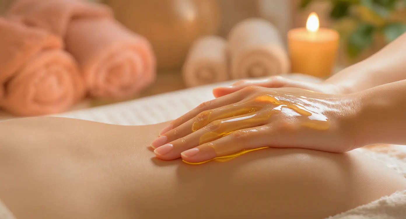 Two hands gently massage oil onto a persons bare back in a spa setting, with rolled towels and a lit candle blurred in the background. Two hands gently massage oil onto a persons bare back in a spa setting, with rolled towels and a lit candle blurred in the background.