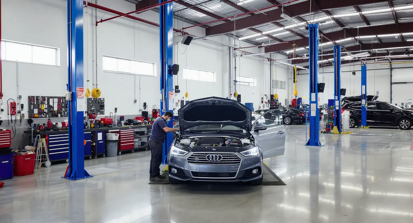 A mechanic is working on a silver Audi with its hood open inside a clean, spacious auto repair shop. Other vehicles are visible in the background along with tools and equipment. A mechanic is working on a silver Audi with its hood open inside a clean, spacious auto repair shop. Other vehicles are visible in the background along with tools and equipment.