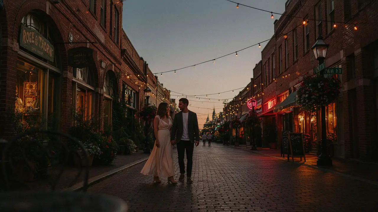 Couple walking hand in hand along a warmly lit downtown street at dusk with string lights overhead, perfect for a Vacaville date night