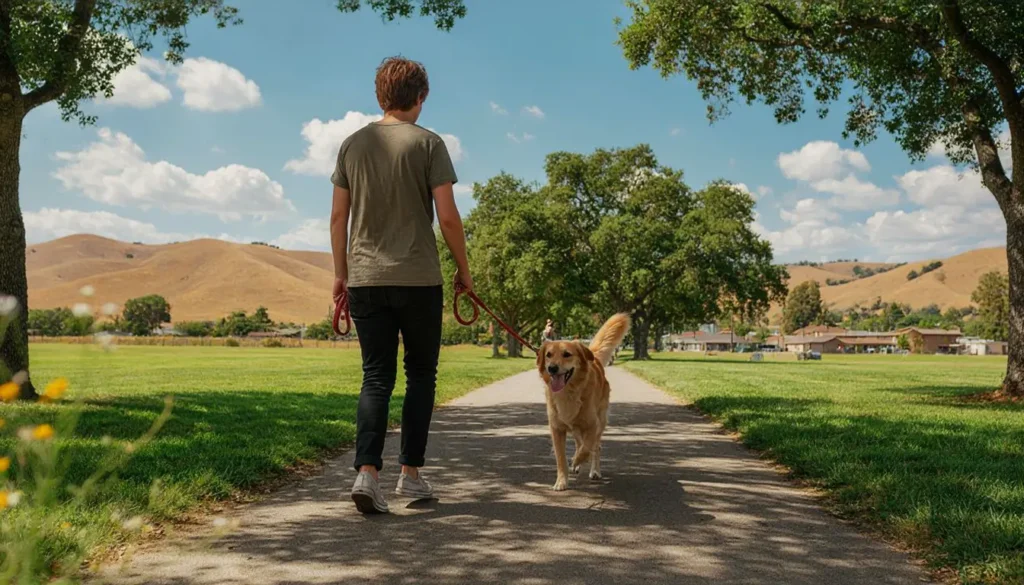 Dog walking with owner on a pet-friendly Vacaville trail