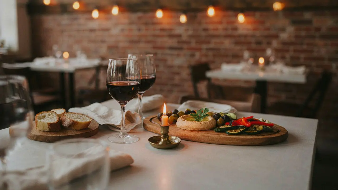 Candlelit bistro table for two with red wine, artisan bread, and a Mediterranean mezze board in a cozy Vacaville restaurant