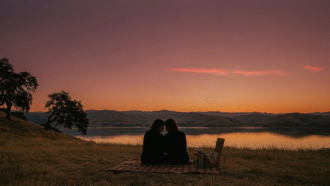 Couple sitting together on a blanket at sunset overlooking a calm lake in Vacaville, with a picnic basket and thermos beside them