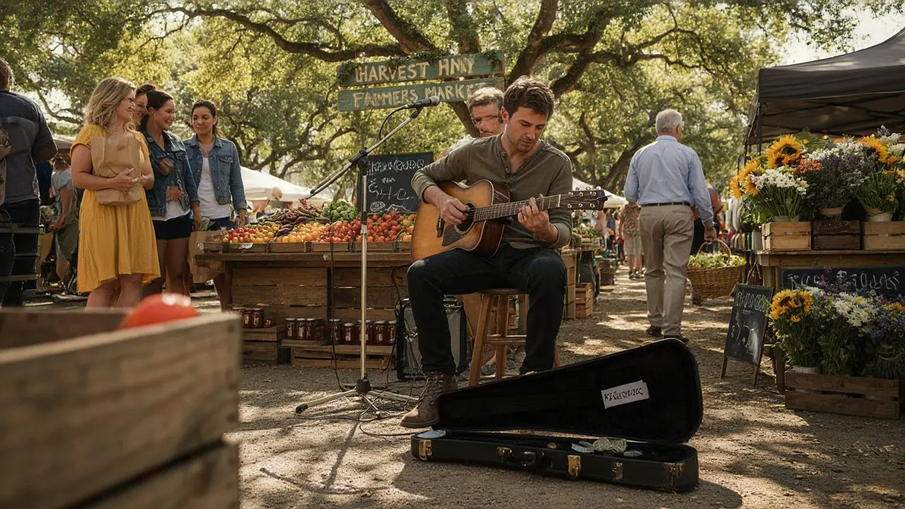 Live Music at the Vacaville Farmers Market Acoustic guitarist performing on a stool at an outdoor farmers market under California oak trees with fresh produce stalls and shoppers in the background