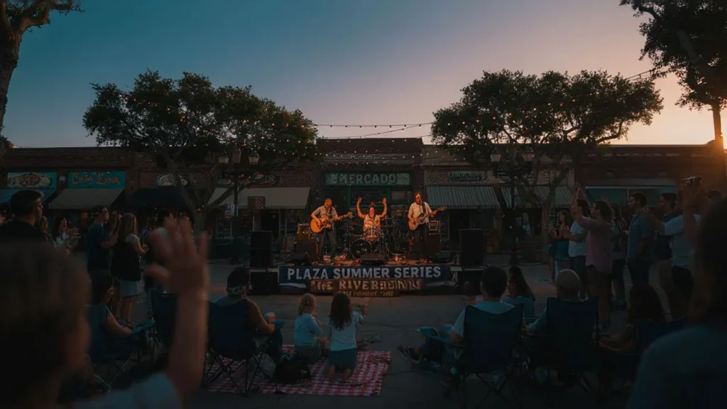 Live band performing at a Plaza Summer Series outdoor concert in a small California downtown plaza at sunset with families seated on lawn chairs and blankets