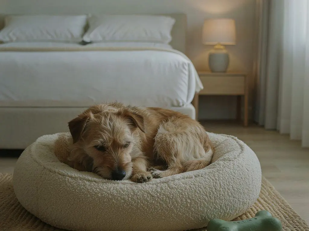 Settling In for the Night Dog relaxing in a pet-friendly hotel room