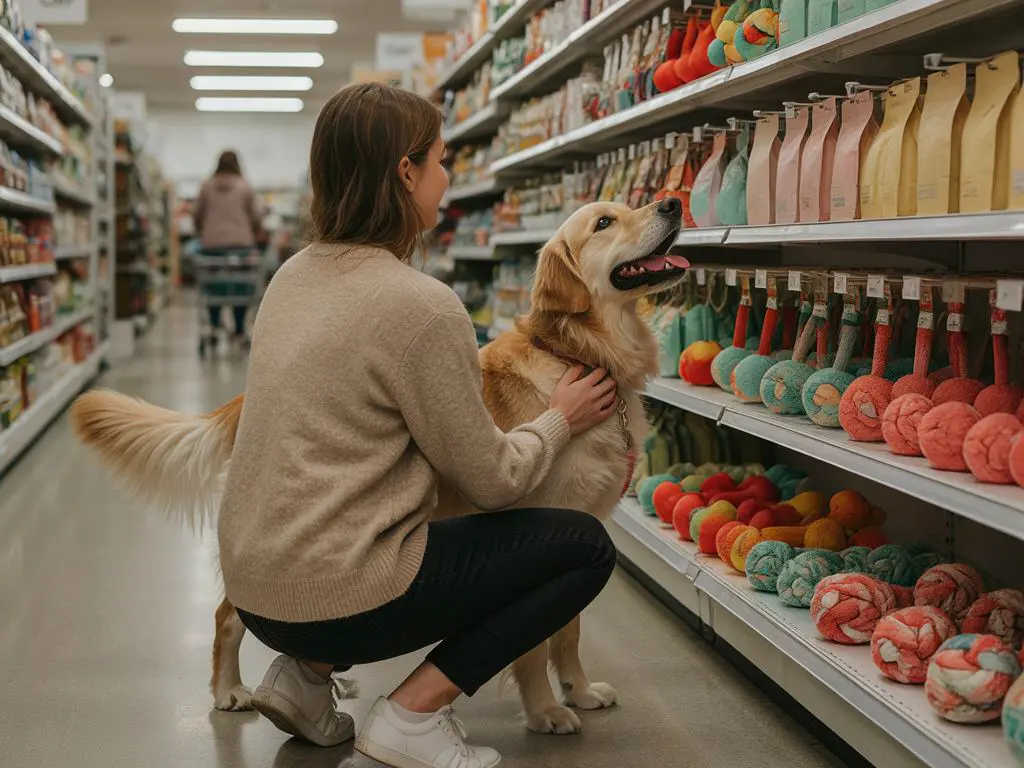 Picking Out a New Toy Dog and owner shopping for supplies at a pet store