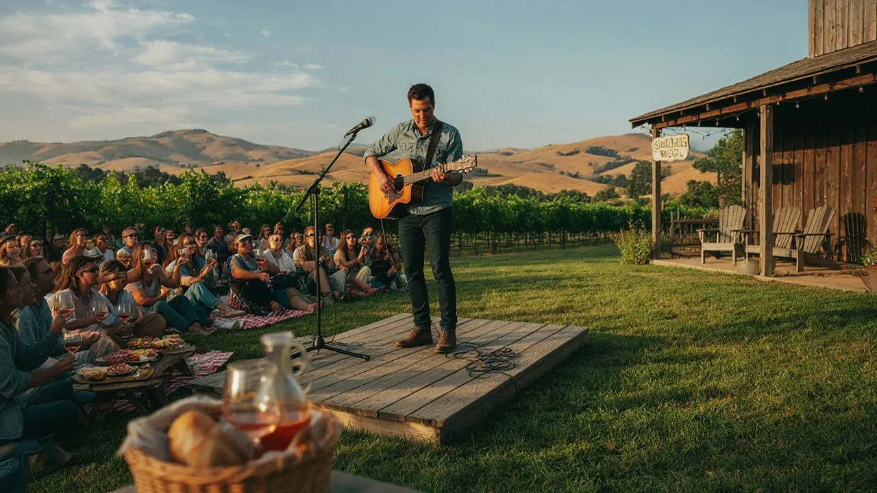 Live Music at a Vacaville Area Winery — Solano County Vineyard Concert Acoustic guitarist performing on a small wooden stage at a Northern California winery with grapevines and golden Solano County hills in the background