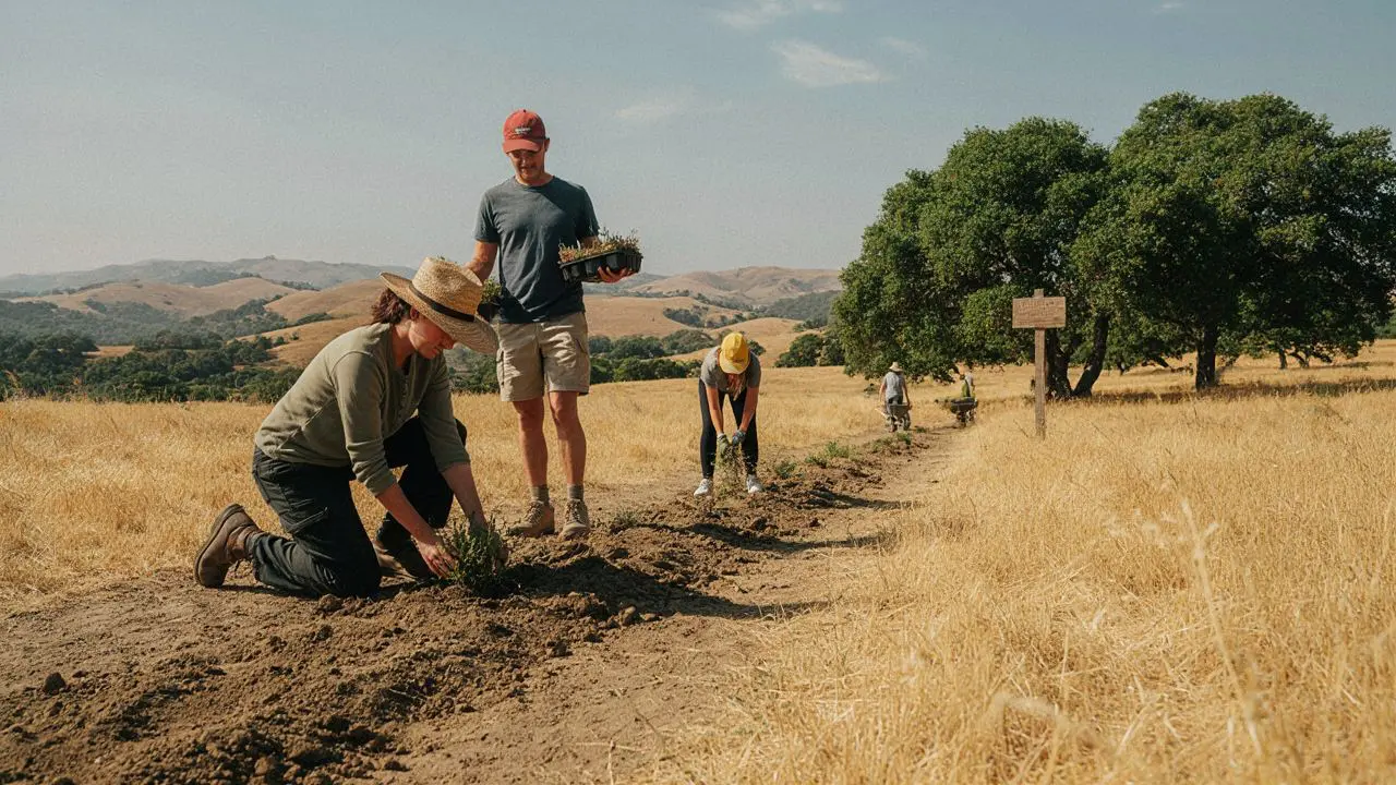 Community Volunteers Restoring Native Habitat at a Vacaville Park Volunteers planting native plants along a dirt trail in a Northern California park with golden hills and oak trees in Vacaville